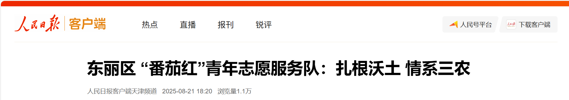 人民日报《东丽区 “番茄红”青年志愿服务队：扎根沃土 情系三农》